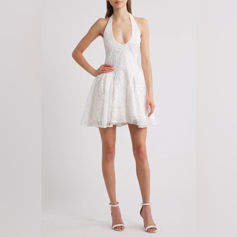 Delfi Collective Hera lace eyelet basque waist halter mini dress in white
